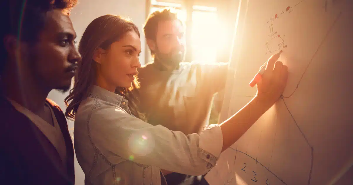 Three business people working together on a business graph in the office.