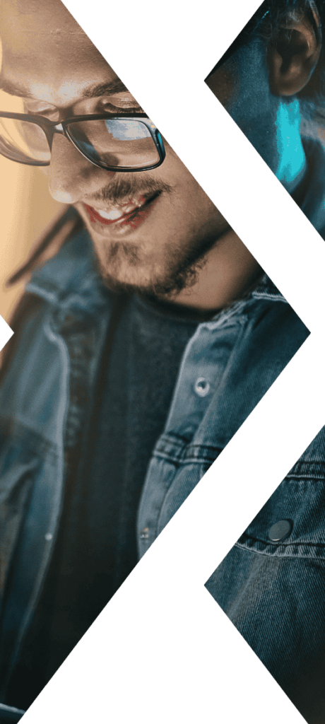 A man wearing glasses works on a laptop, framed within Textkernel's distinctive X symbol.